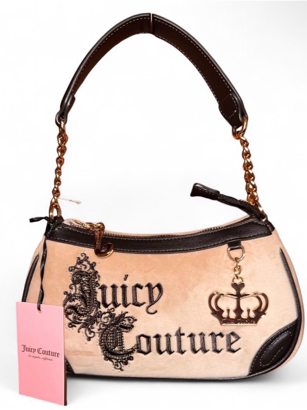 Juicy Couture Beige Velvet Logo Shoulder Bag with Gold Chain